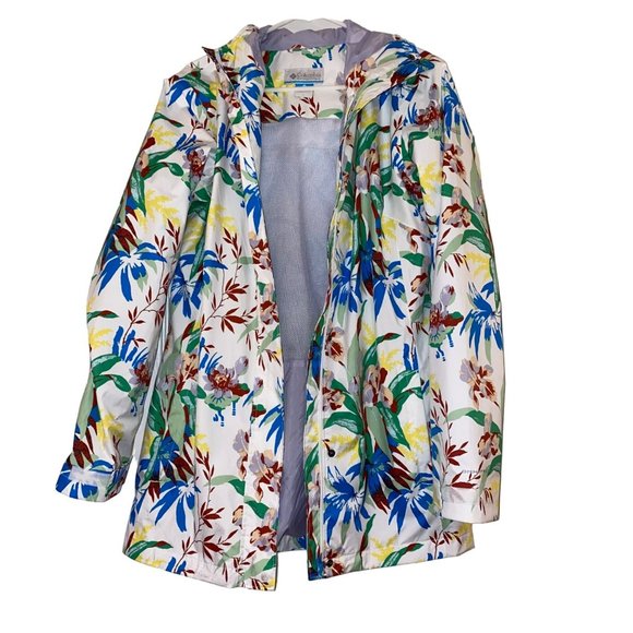 Columbia Womens White Floral Omni-Tech Splash a Little II Rain Jacket Hood Large - Picture 2 of 9
